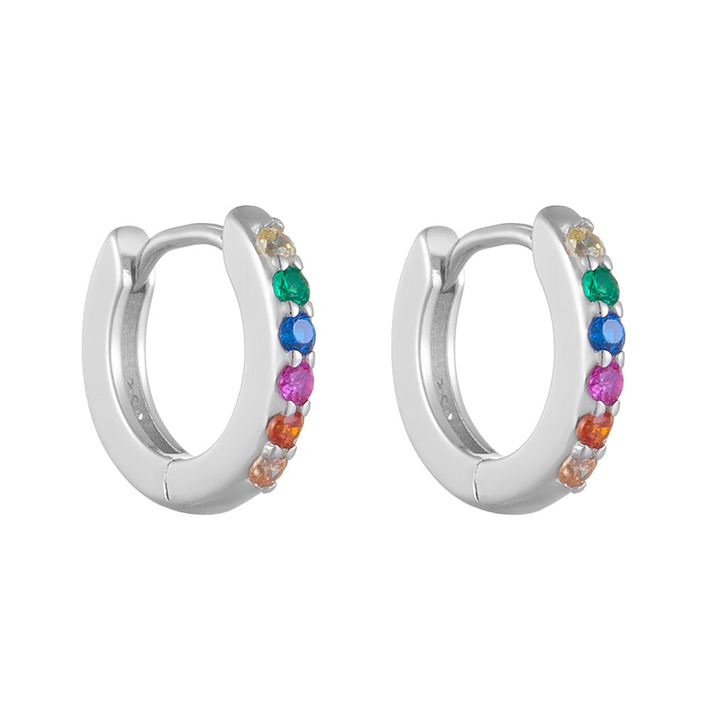 Sterling silver colored gemstone hoop earrings, inlaid with colorful zirconias. Plating with silver.