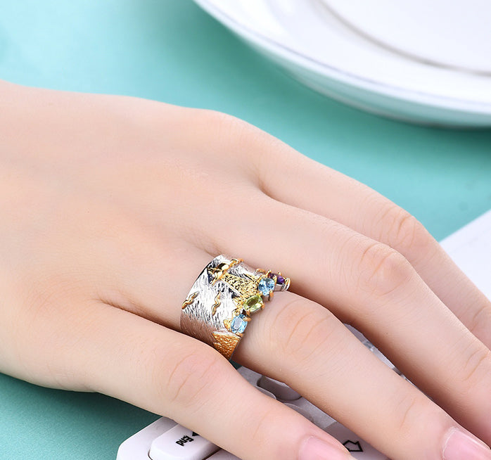Sterling Silver Colorful Natural Topaz Wide Band Ring