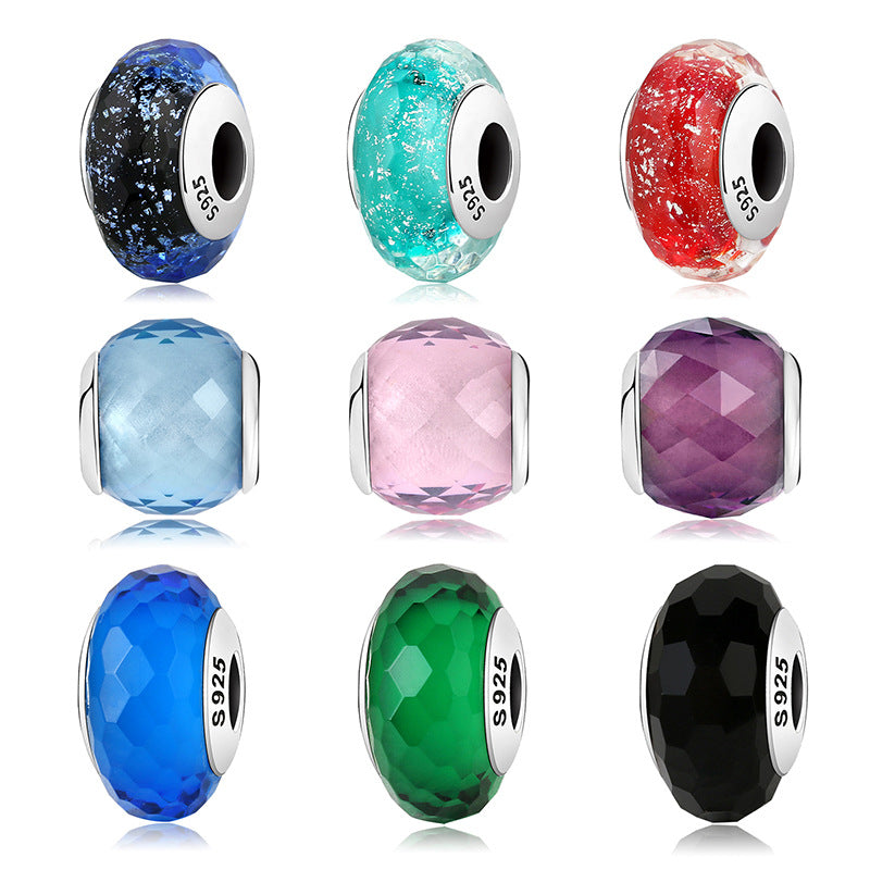 Sterling silver zirconia glass charm. Round, flat, facet, sparkling charm. With blue, green, pink, purple, black glass.