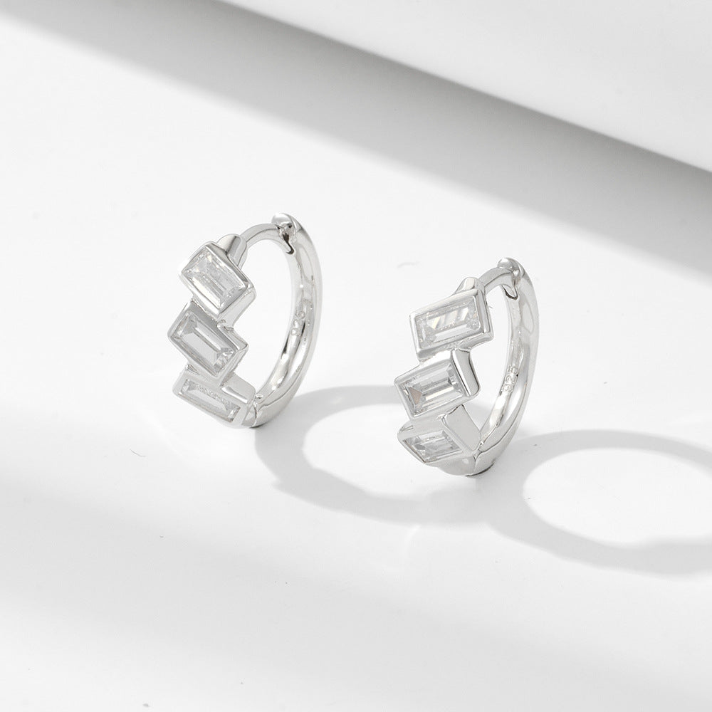 Sterling Silver Emerald-Cut White Gemstone Huggie Earrings