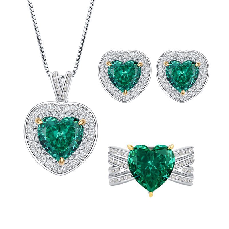 Sterling Silver Emerald Heart Jewelry Set