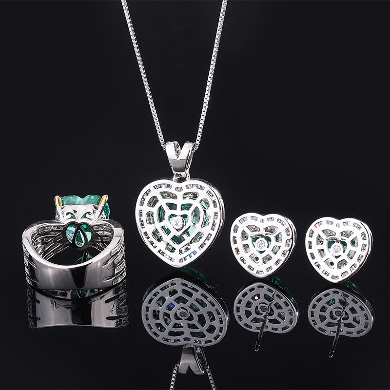 Sterling Silver Emerald Heart Jewelry Set