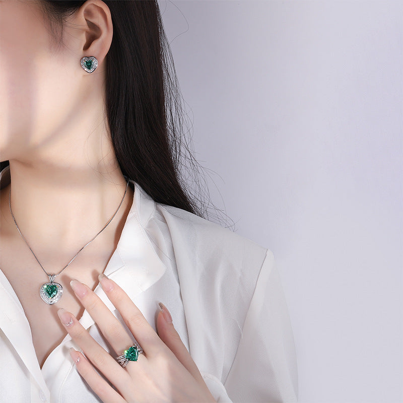 Sterling Silver Emerald Heart Jewelry Set