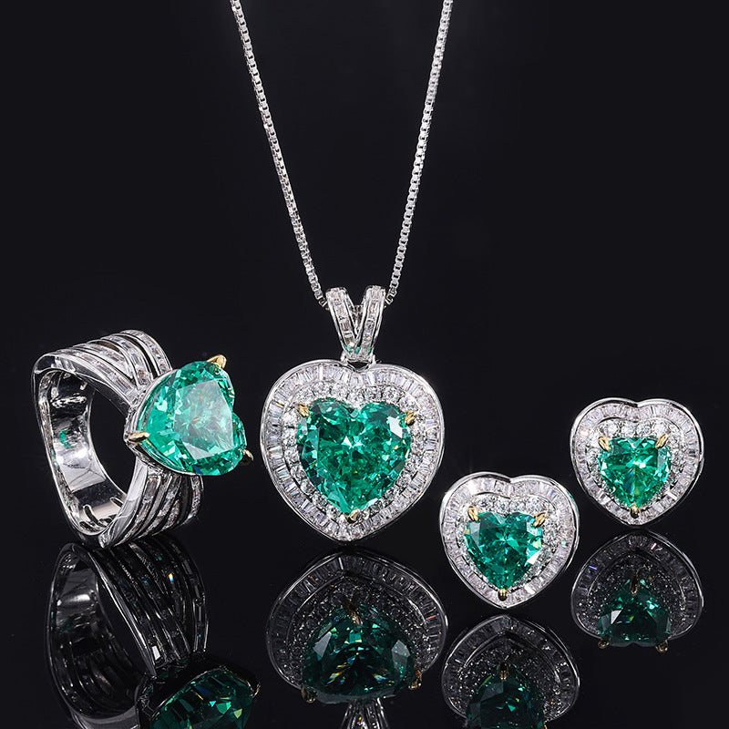 Sterling Silver Emerald Heart Jewelry Set