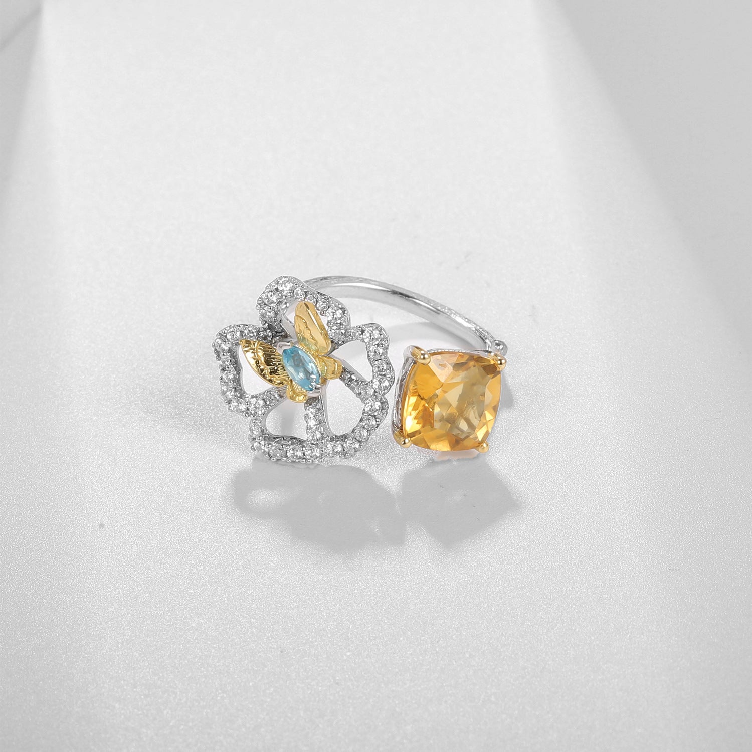 Sterling Silver Natural Gemstone Citrine Topaz Flower Ring