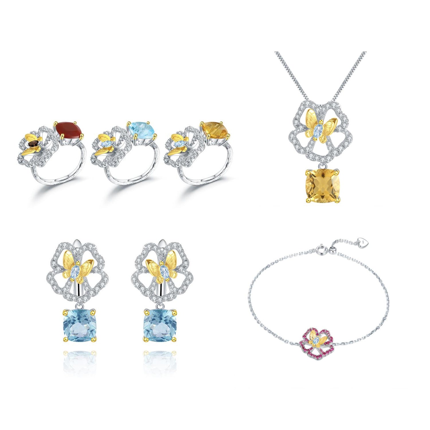 Sterling Silver Natural Gemstone Citrine Topaz Flower Bracelet