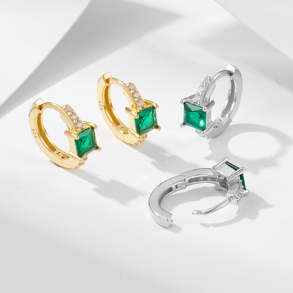 Sterling Silver Square Green Gemstone Huggie Earrings