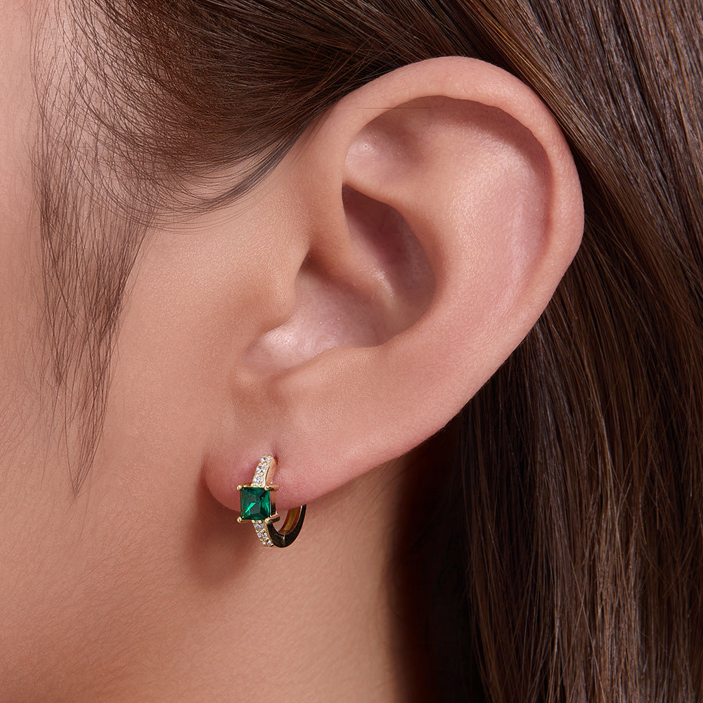 Sterling Silver Square Green Gemstone Huggie Earrings