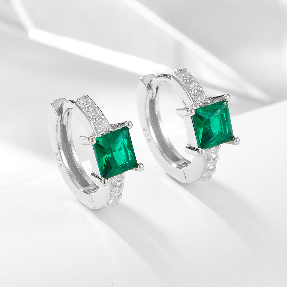 Sterling Silver Square Green Gemstone Huggie Earrings