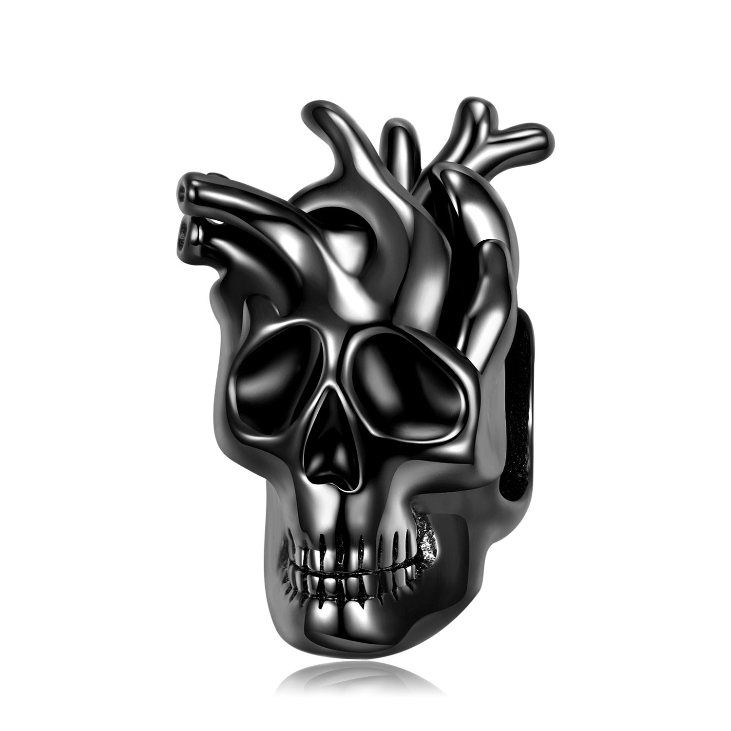 A black plating heart skull sterling silver charm