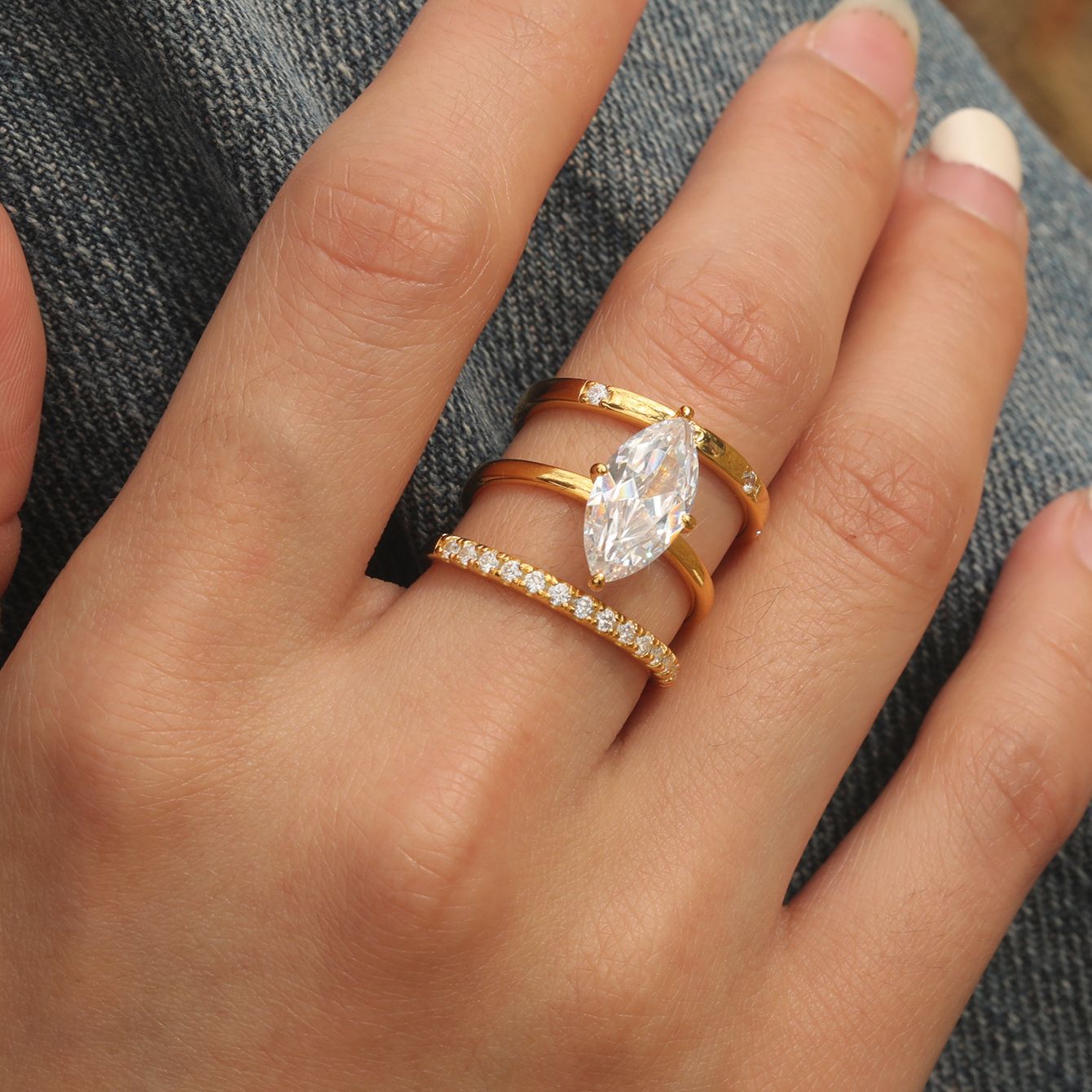 Sterling Silver Marquise-Cut Moissanite Ring Set