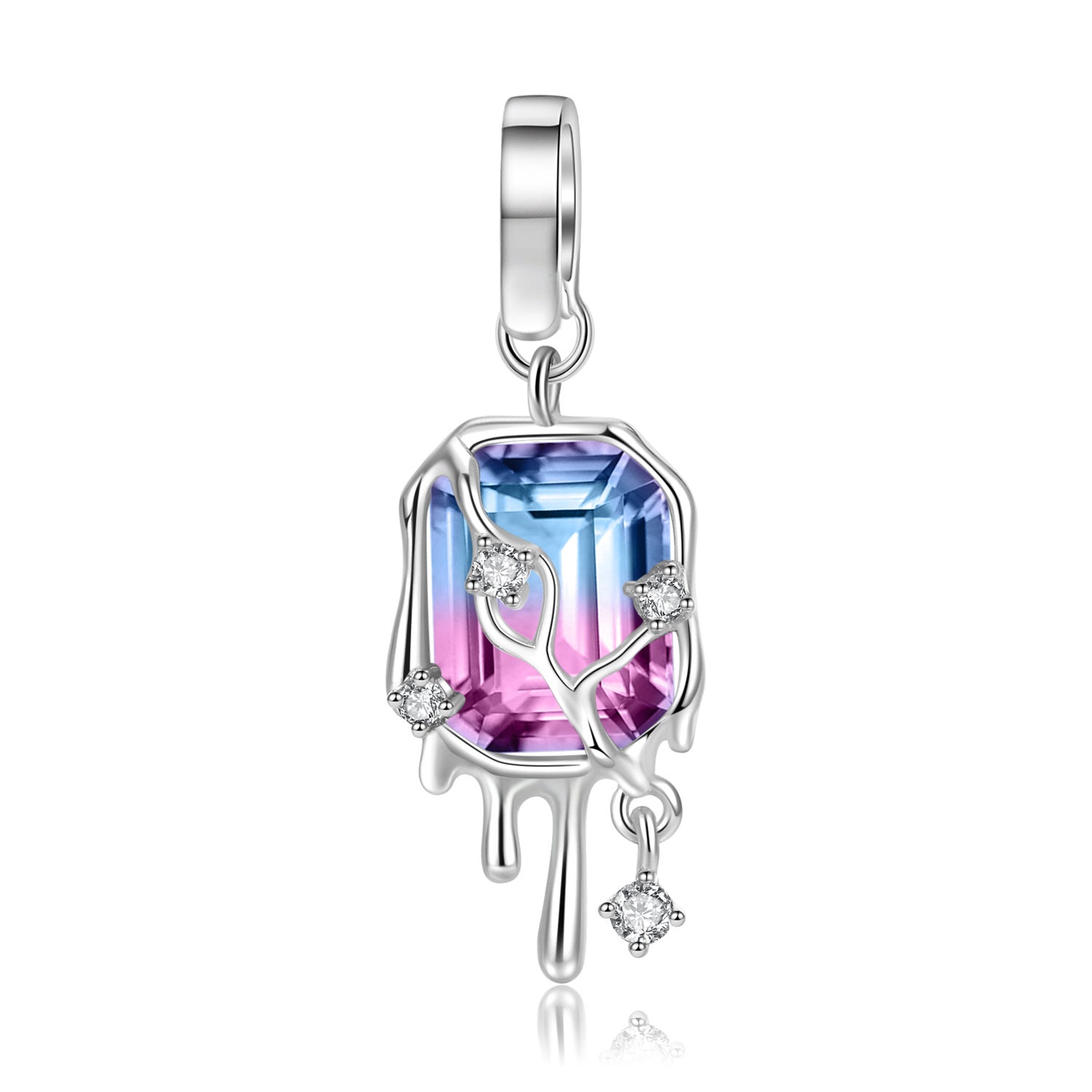 A sterling silver clip-design clasp,melted design with a blue pink bi-color zirconia and some white zirconias charm