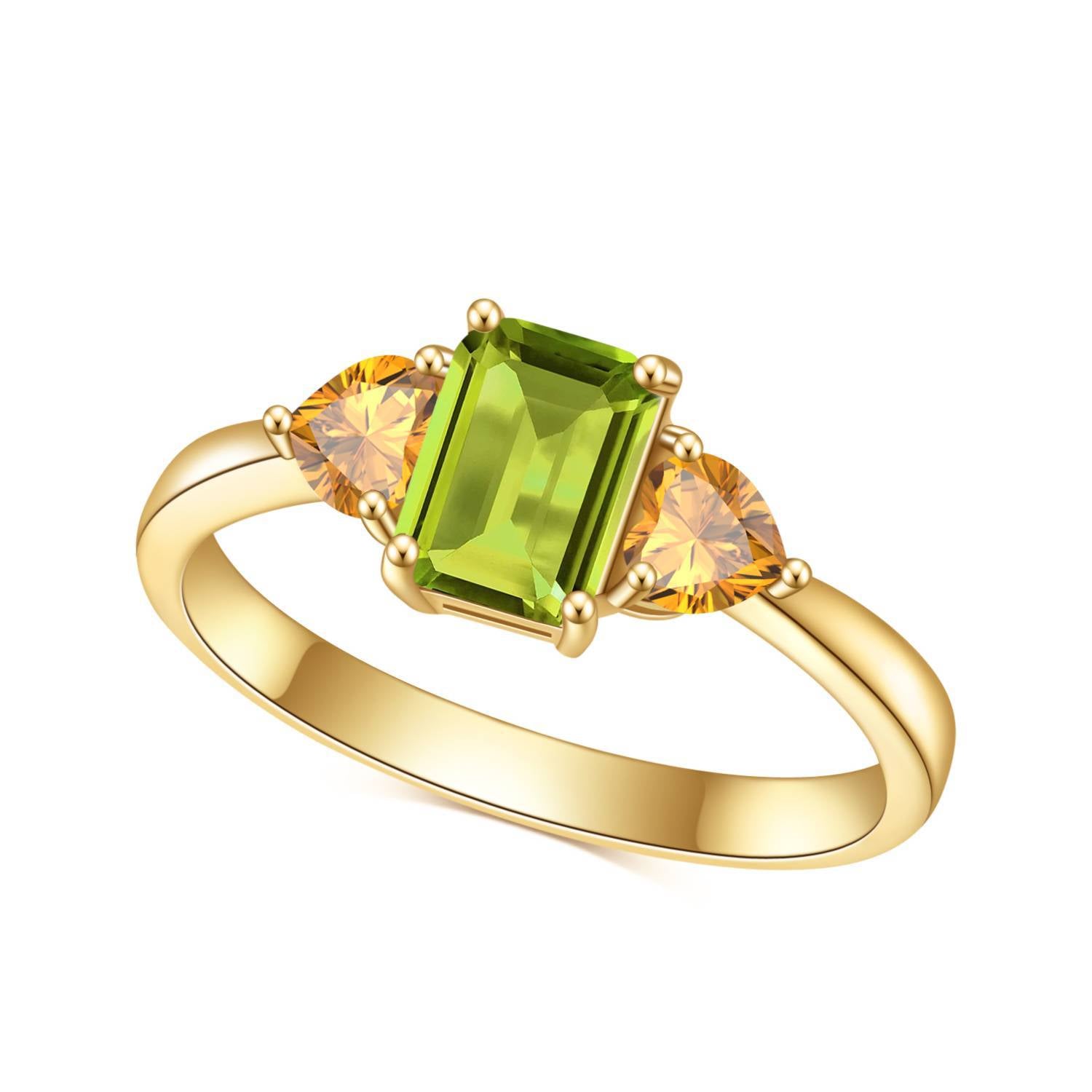 A sterling silver natural peridot ring, Emerald-cut center peridot with two heart-shaped citrine on both sides. Plating with gold.