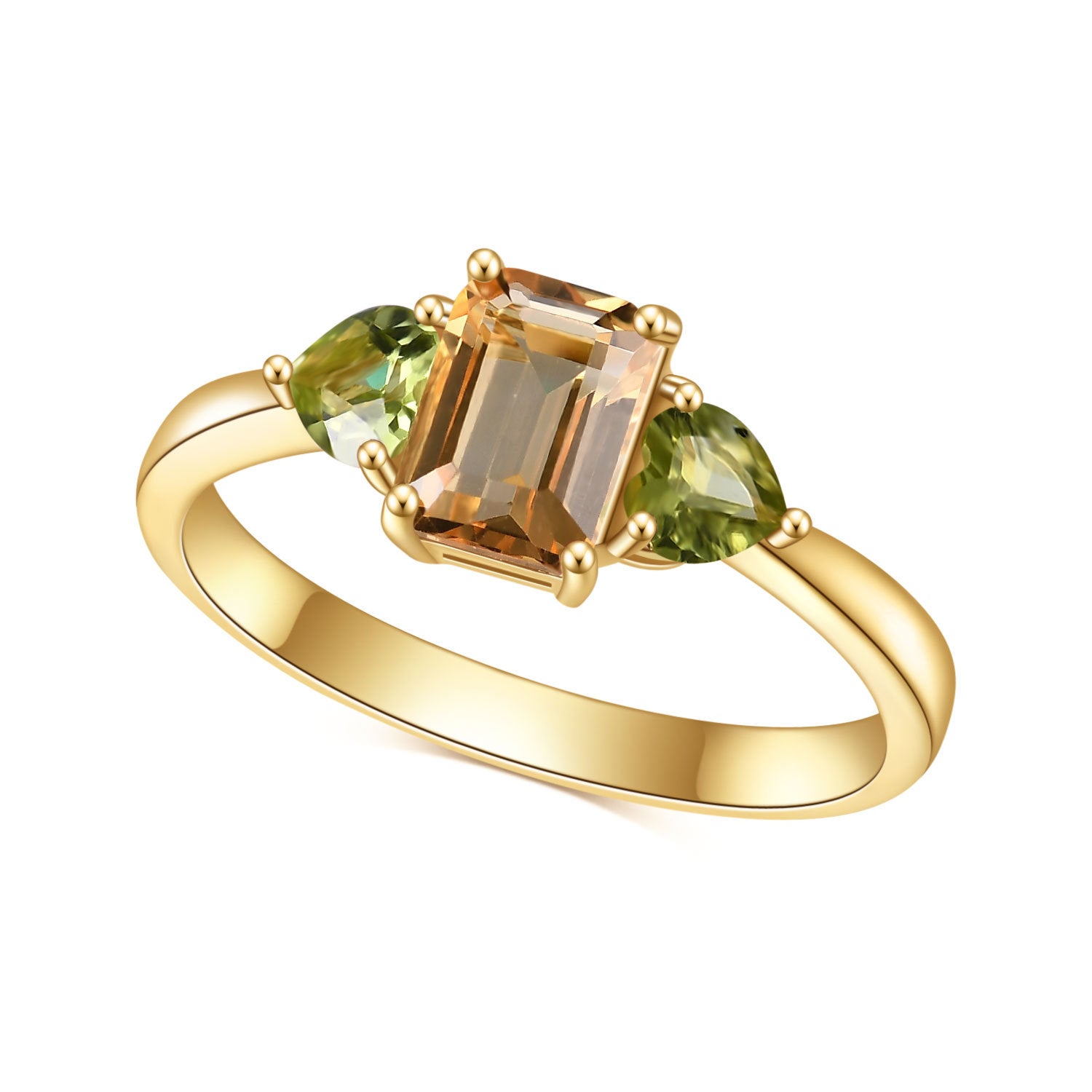 A sterling silver natural citrine ring, Emerald-cut center citrine with two heart-shaped peridot on both sides. Plating with gold.