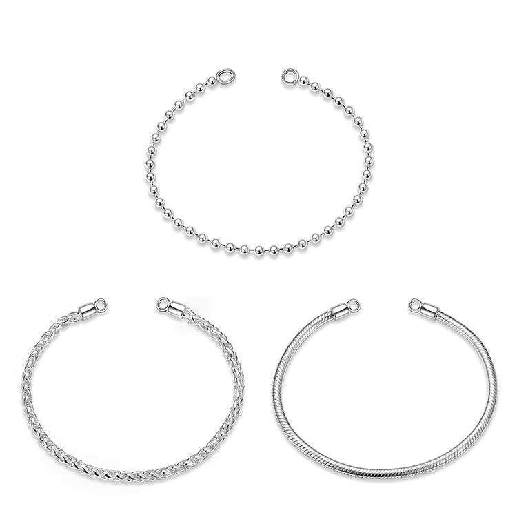 Sterling silver no clasp bracelets, beads chain, wheat chain, snake chain bracelets.