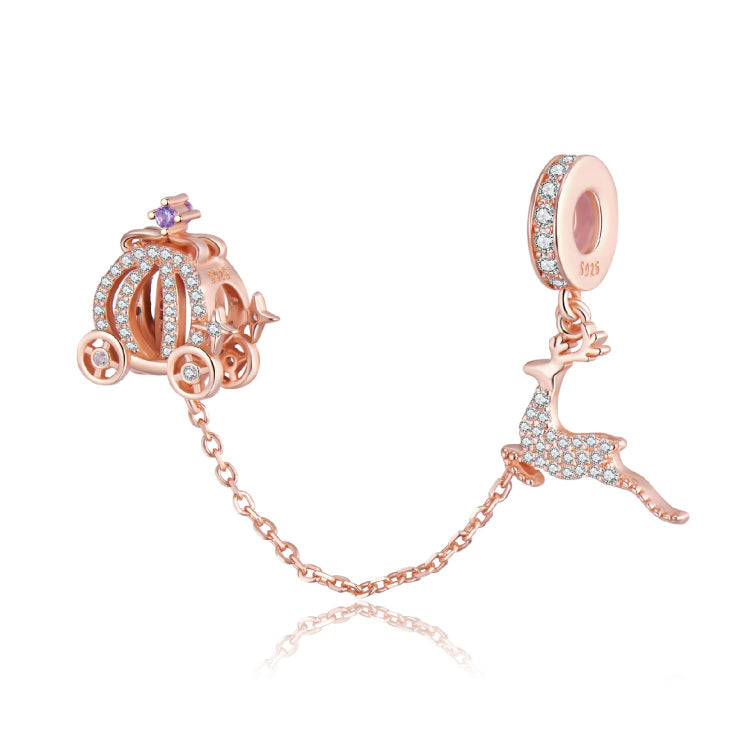 A rose gold plating paved pumpkin carriage and moose sterling silver safety chain
