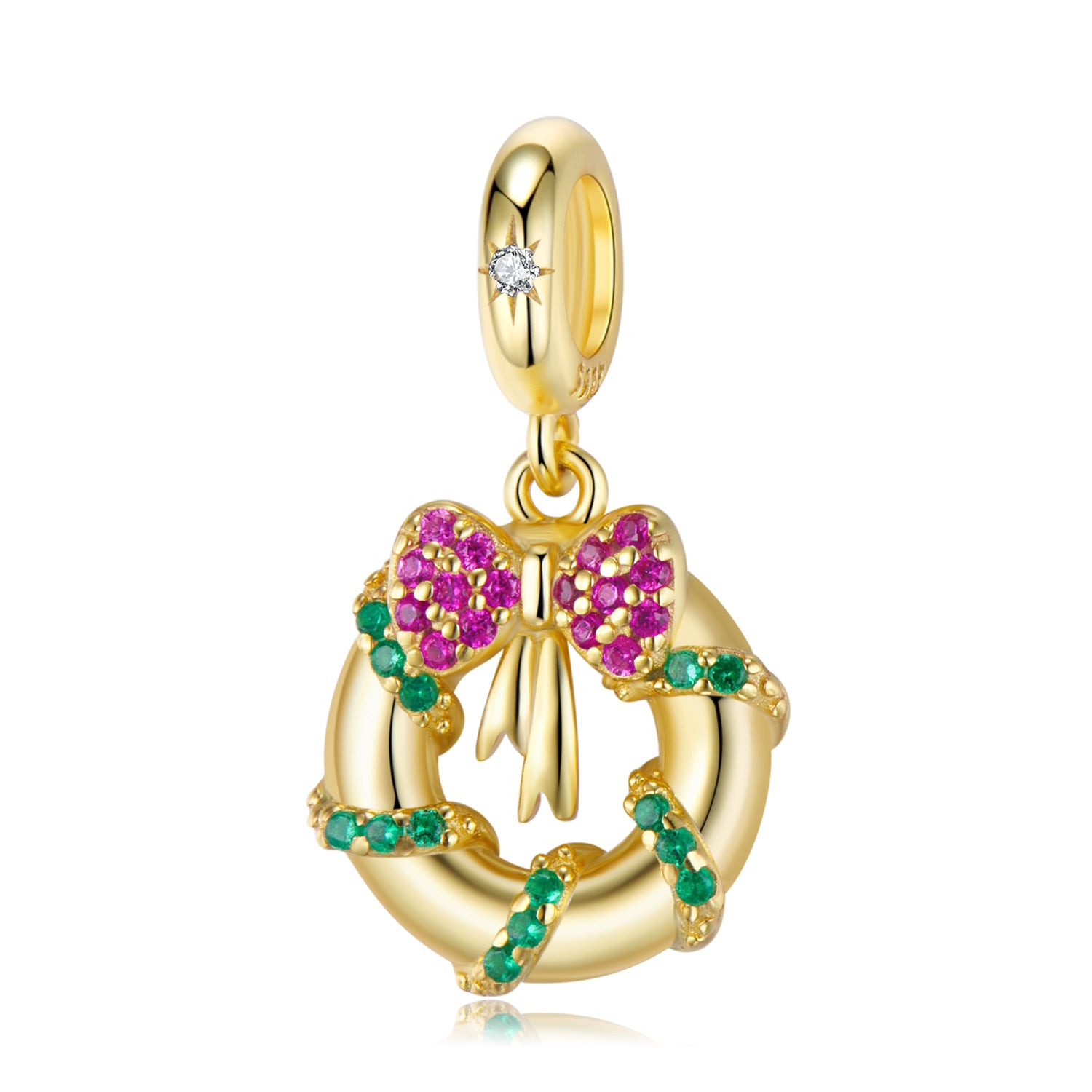 A gold plating sterling silver charm, design in wreath and bow, with pink and green zirconias.