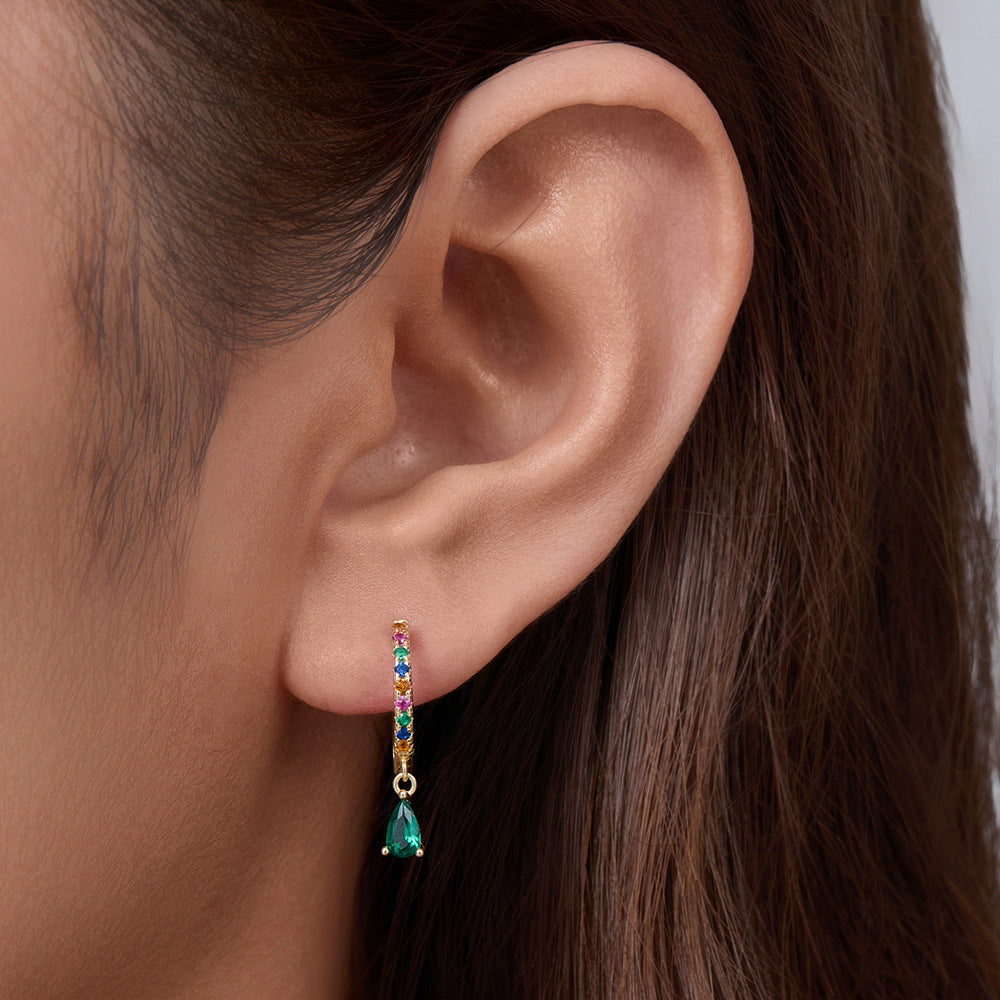 Sterling Silver Green Pear Gemstone Huggie Earrings