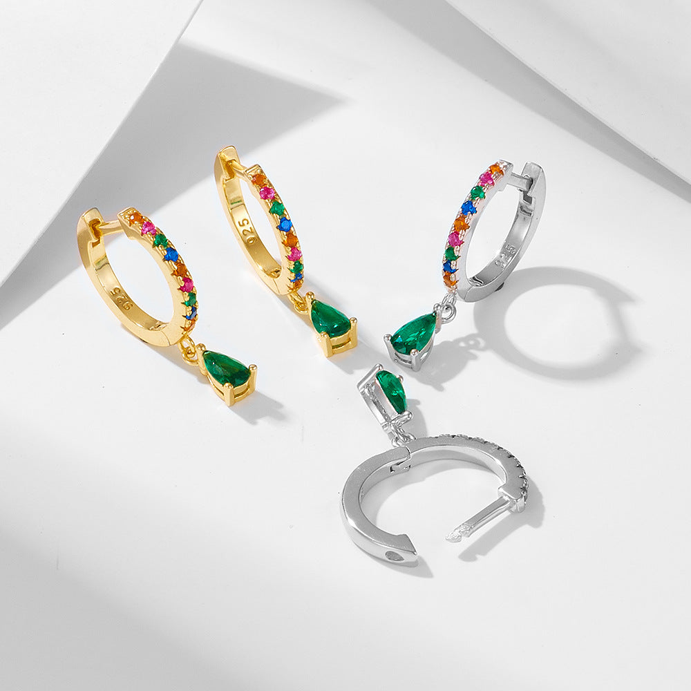 Sterling Silver Green Pear Gemstone Huggie Earrings
