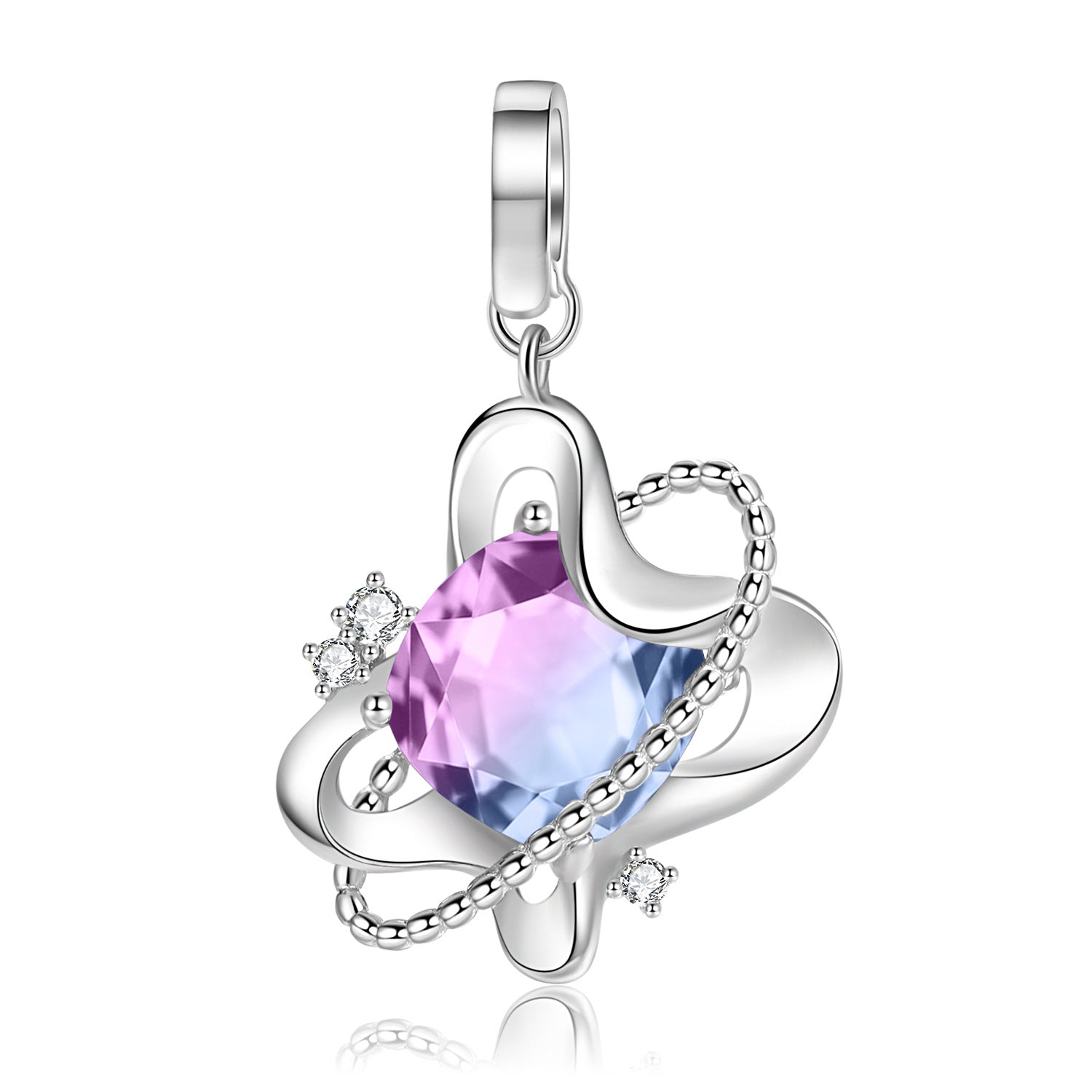 A sterling silver clip-design clasp,planet design with a blue pink bi-color zirconia and some white zirconias charm