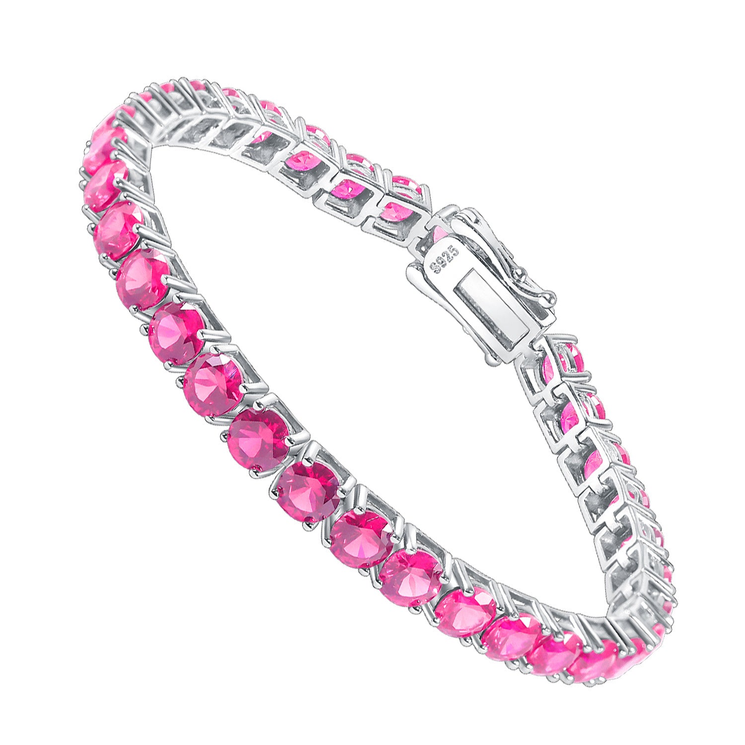 A sterling silver Synthetic ruby tennis bracelet, plating with rhodium.