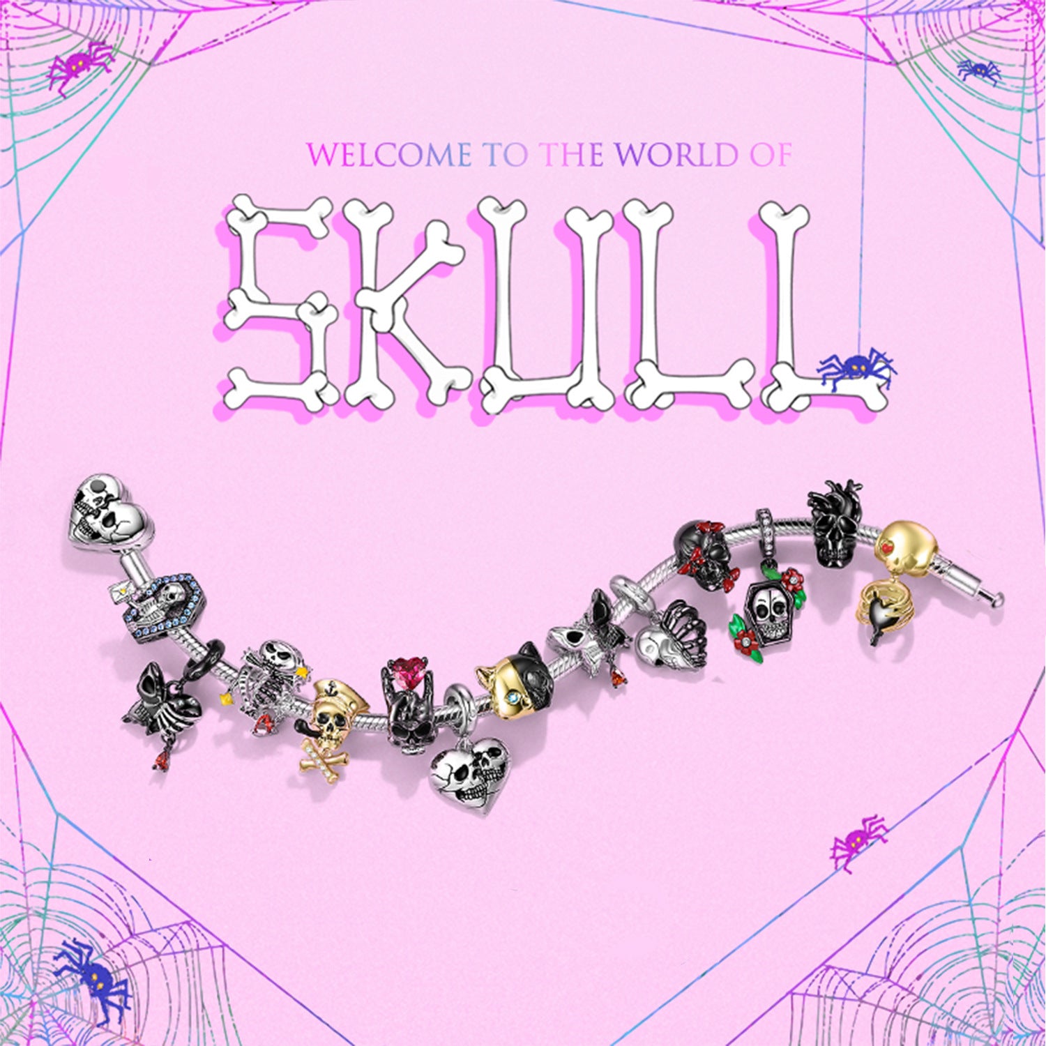 Sterling silver skull charms, with black, gold, silver, double plating. Design in skull, heart, butterfly, cat, azrazel, buccaneer, evil eye, hibiscus flower, coffin, rib. With colorful zirconias.