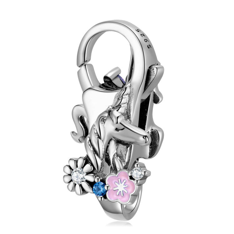 A unicorn design sterling silver lobster clasp with pink enamel and some zirconias.