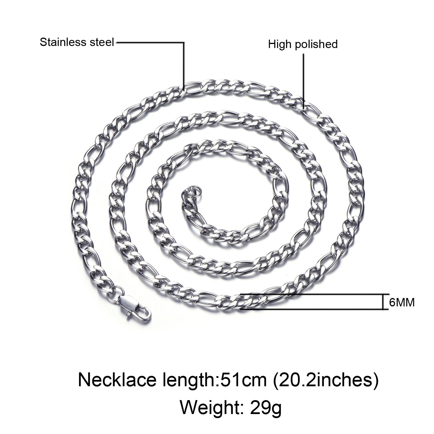 Stainless Steel Figaro Link Chain Necklace Silver 6mm