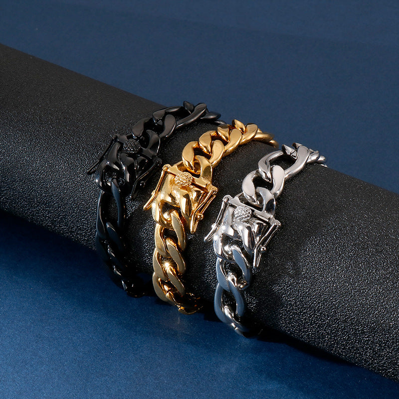 Titanium Stainless Steel Figaro Chain Bracelet Iced Box Clasp 12mm