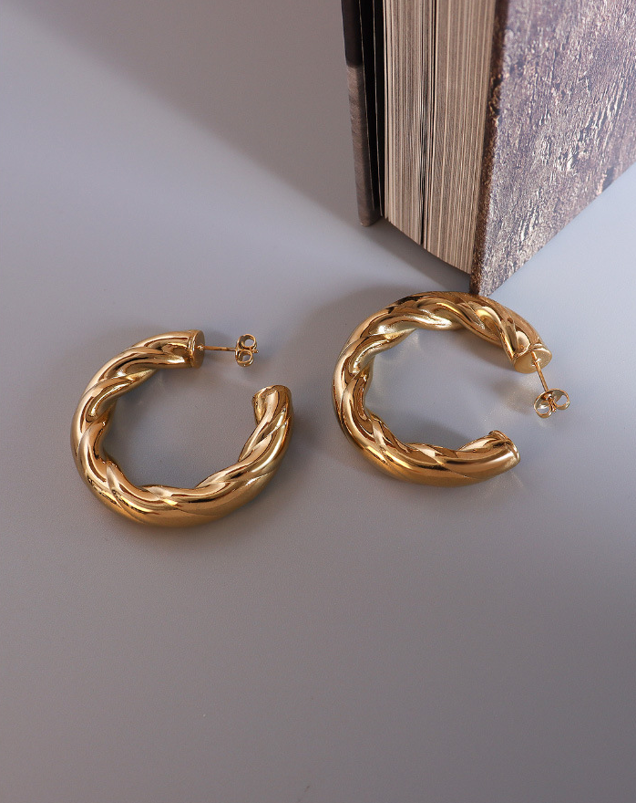 Stainless Steel Rope Hoop Earrings Gold