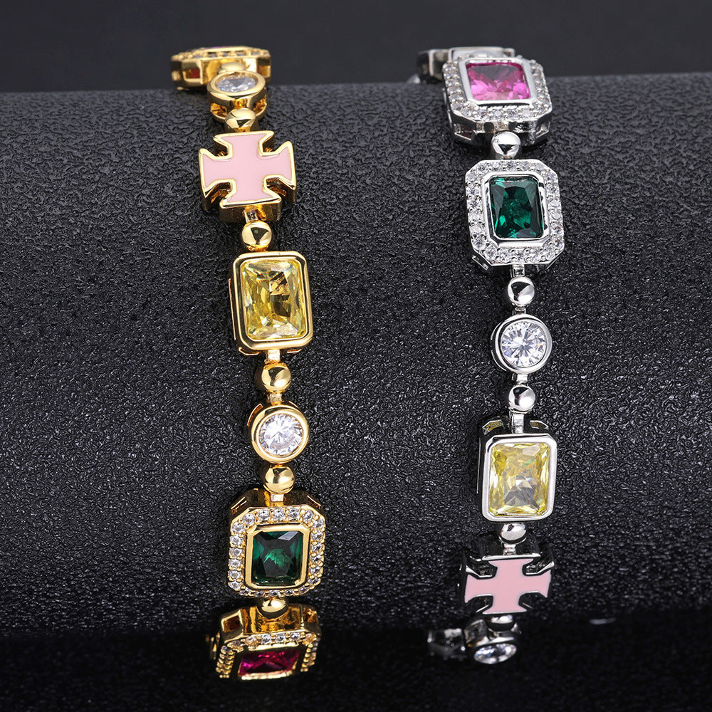 Multi Colored Gemstone Halo Motif Enamel Cross Bracelet (Copy)