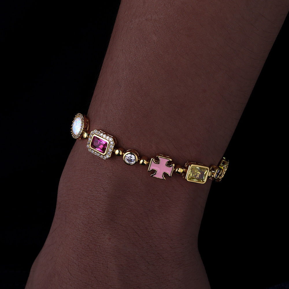 Multi Colored Gemstone Halo Motif Enamel Cross Bracelet (Copy)