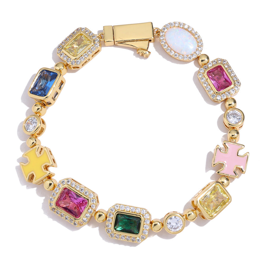 Multi Colored Gemstone Halo Motif Enamel Cross Bracelet (Copy)