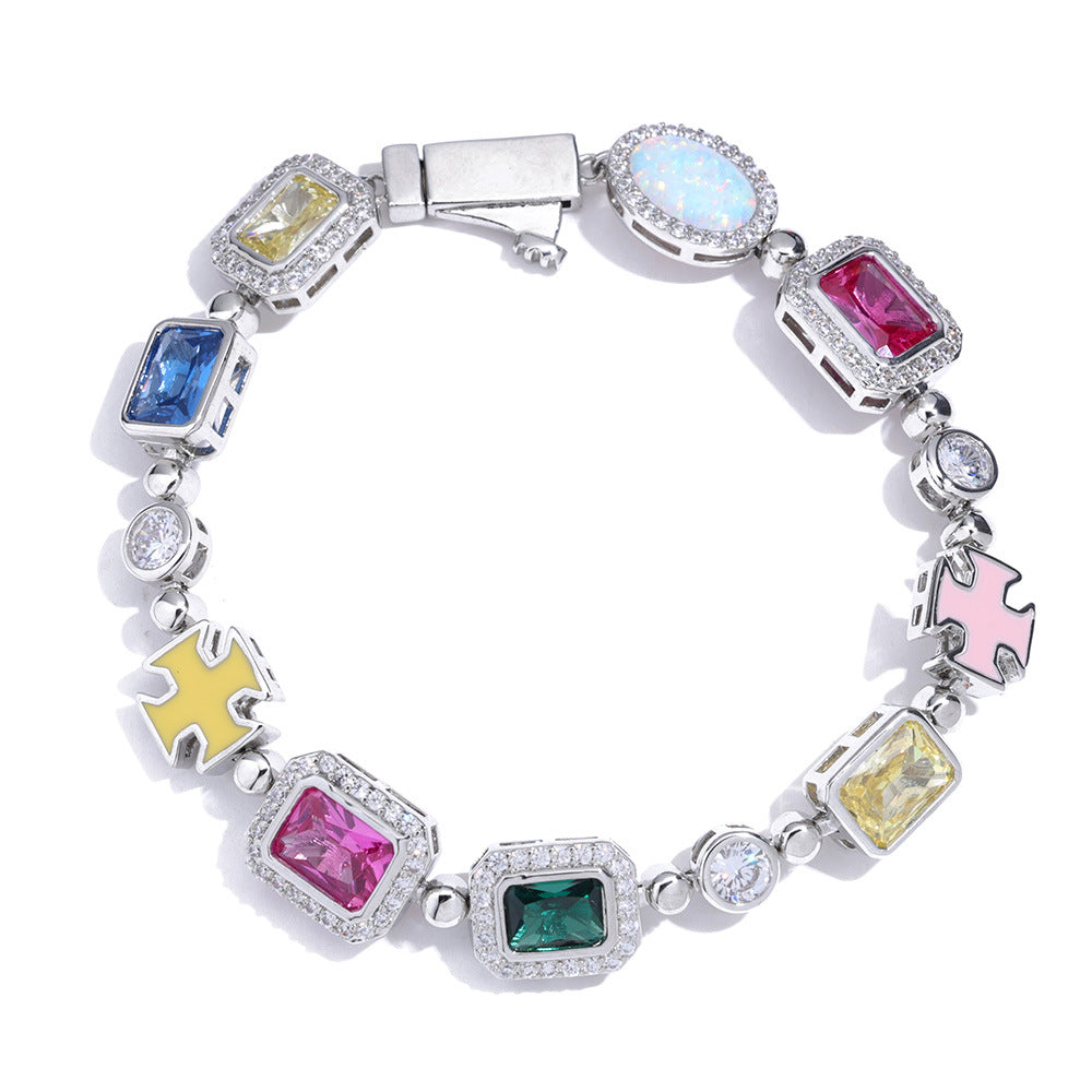 Multi Colored Gemstone Halo Motif Enamel Cross Bracelet (Copy)