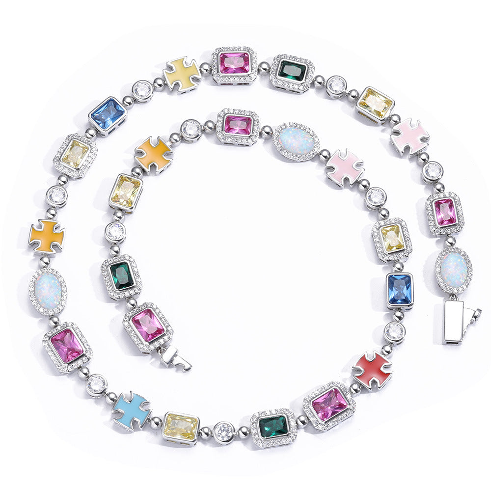 Multi Colored Gemstone Halo Motif Enamel Cross Necklace (Copy)