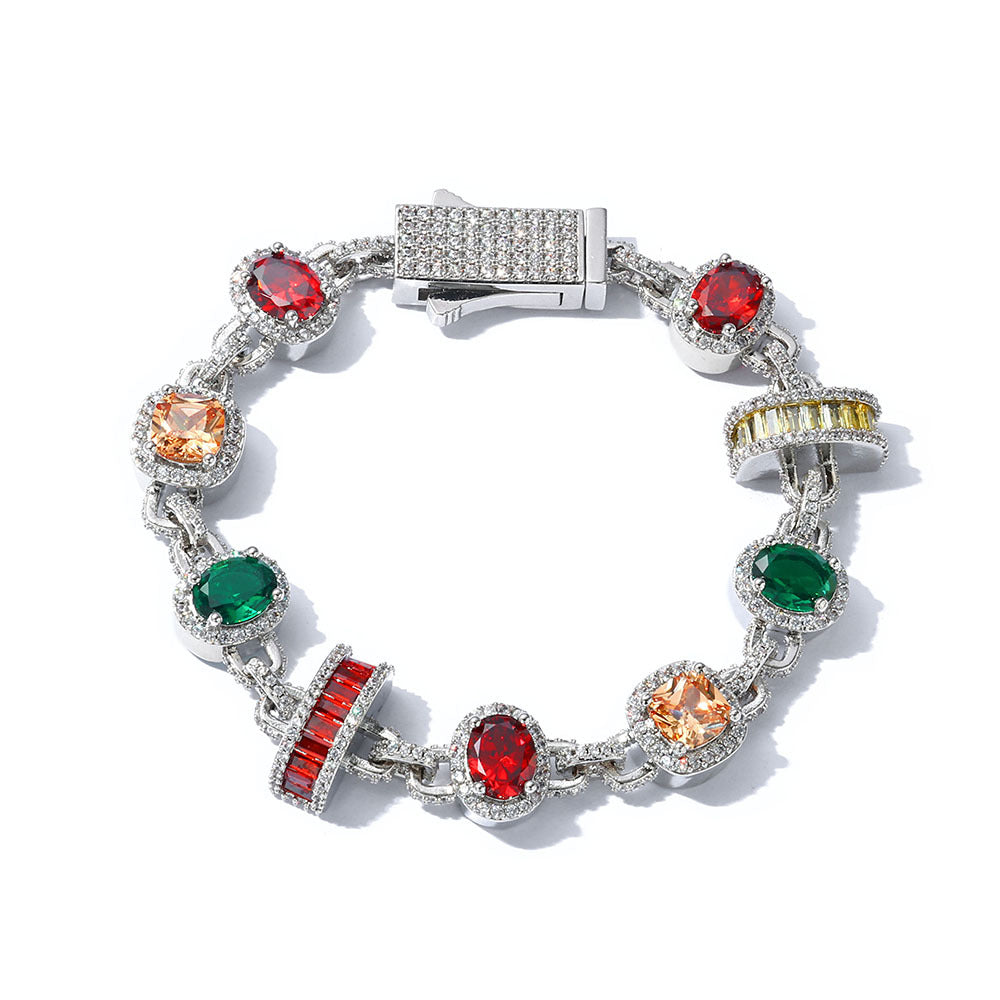 A silver plating brass bracelet,  pave halo motifs, main stones in color of emerald, topaz, garnet, champagne, orange. Iced out clasp.