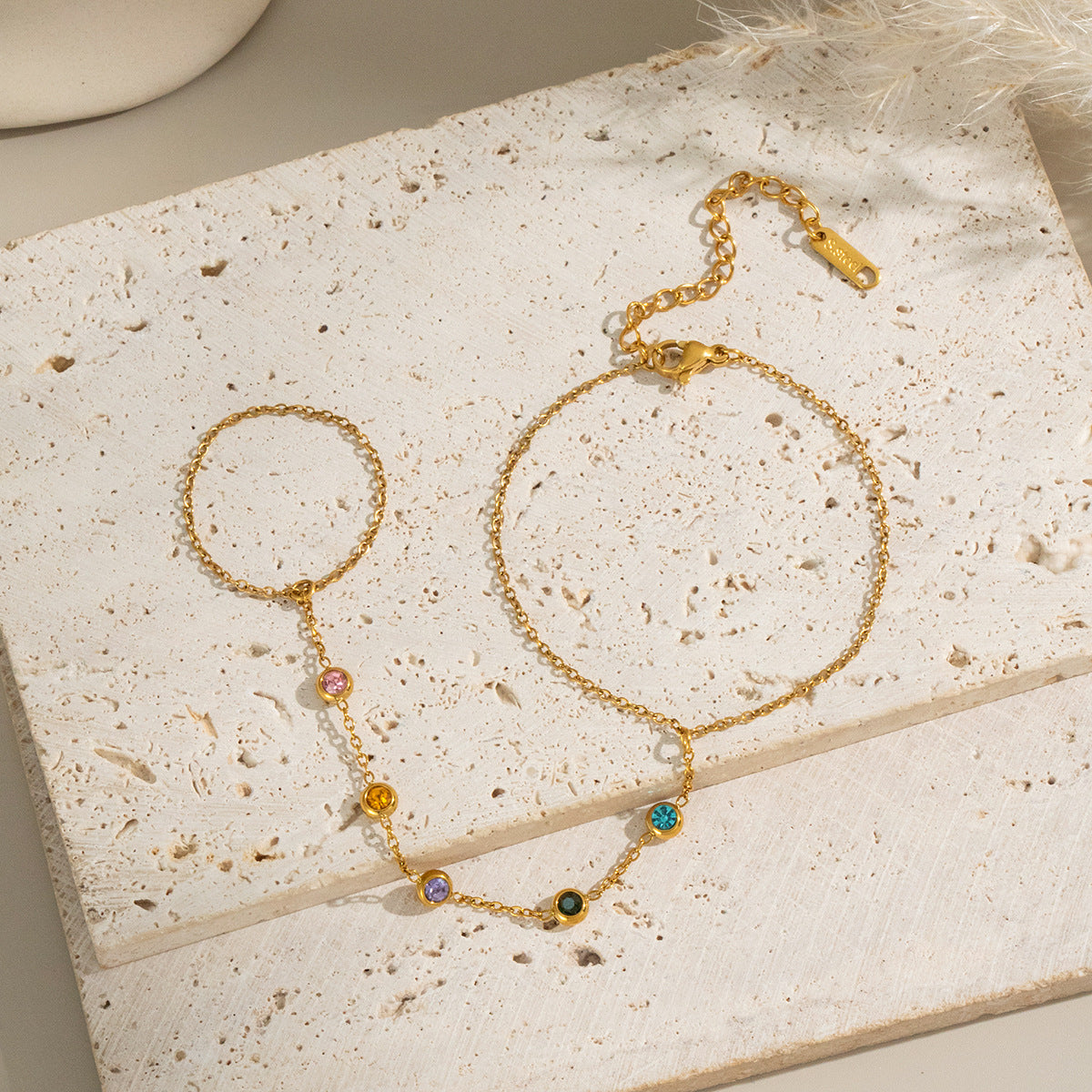 Stainless Steel Colorful Zirconia Hand Chain Bracelet