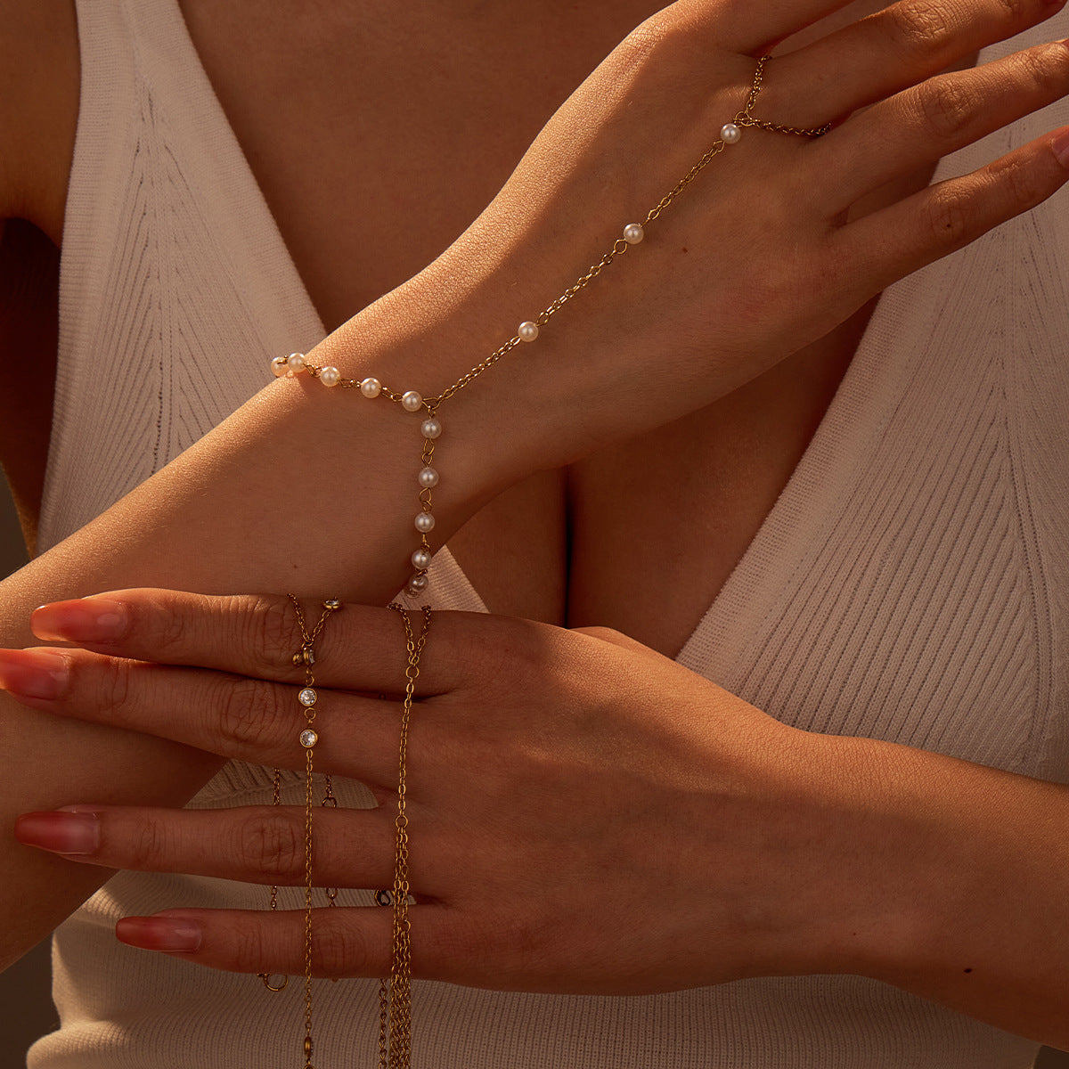 Stainless Steel Pearl Zirconia Hand Chain Bracelet