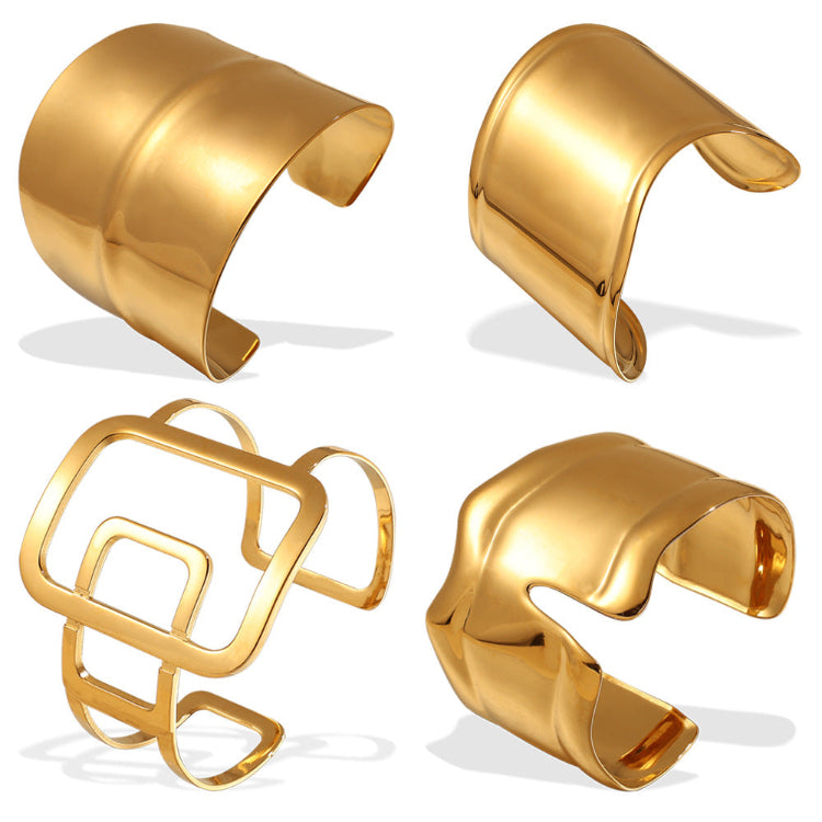 Gold plating stainless steel cuff bangle bracelets，design in curves, have irregular openings