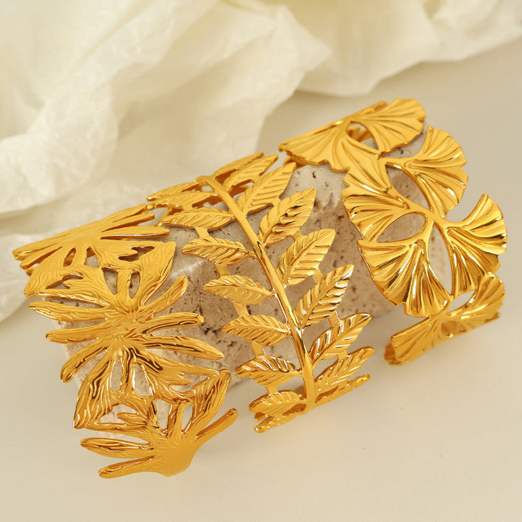 Gold plating stainless steel bangle bracelets，design in nature,ginkgo leaves,flowers,leaves