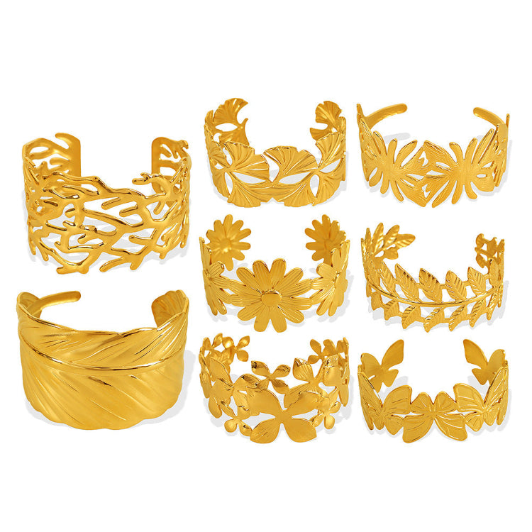 Gold plating stainless steel bangle bracelets，design in nature,feathers, ginkgo leaves, tree veins,flowers,butterflies,daisy