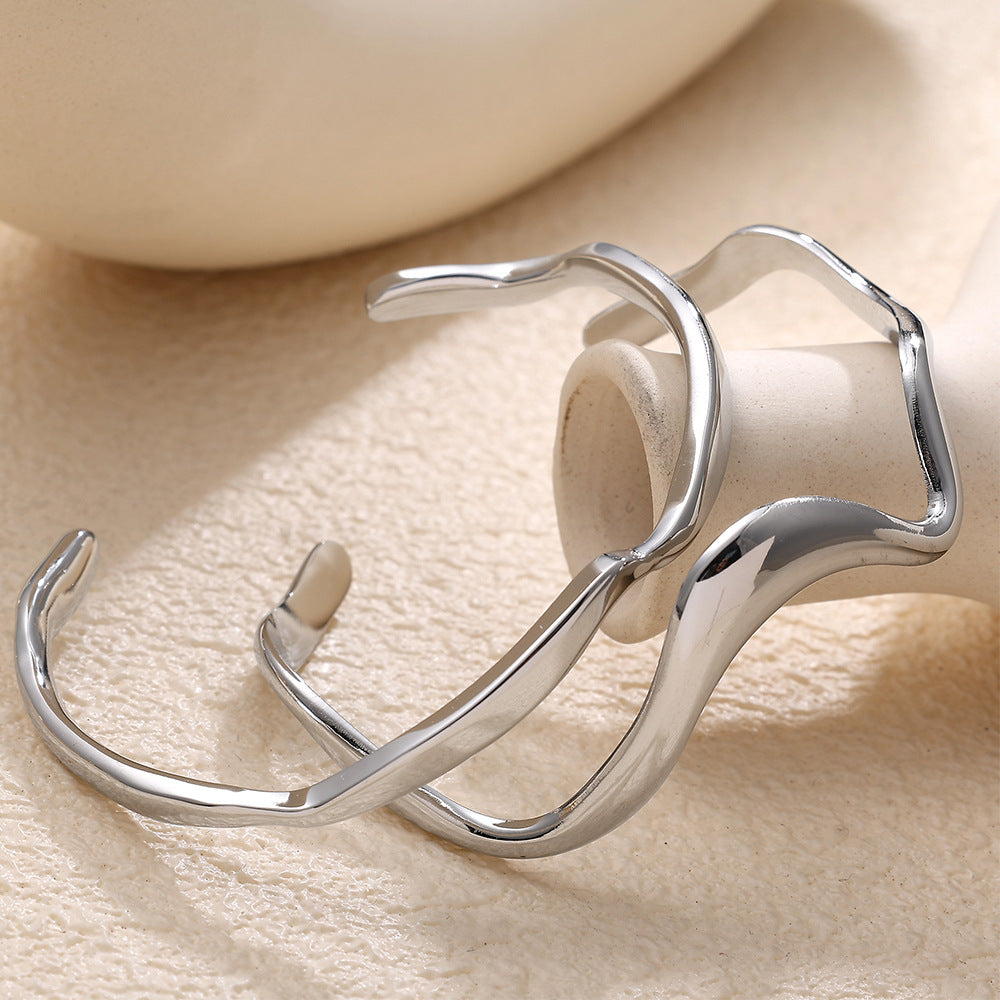 Rhodium plating wave design stainless steel bangle bracelets
