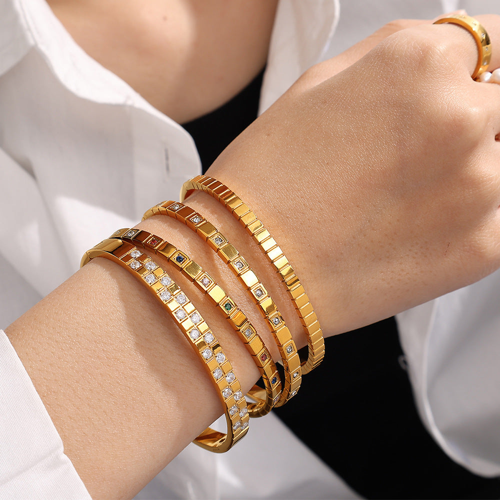 Gold plating cube design with white and colorful zirconias stainless steel bangle bracelets