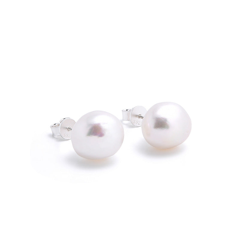 Sterling Silver Nearly Round Natural  Pearl Earrings