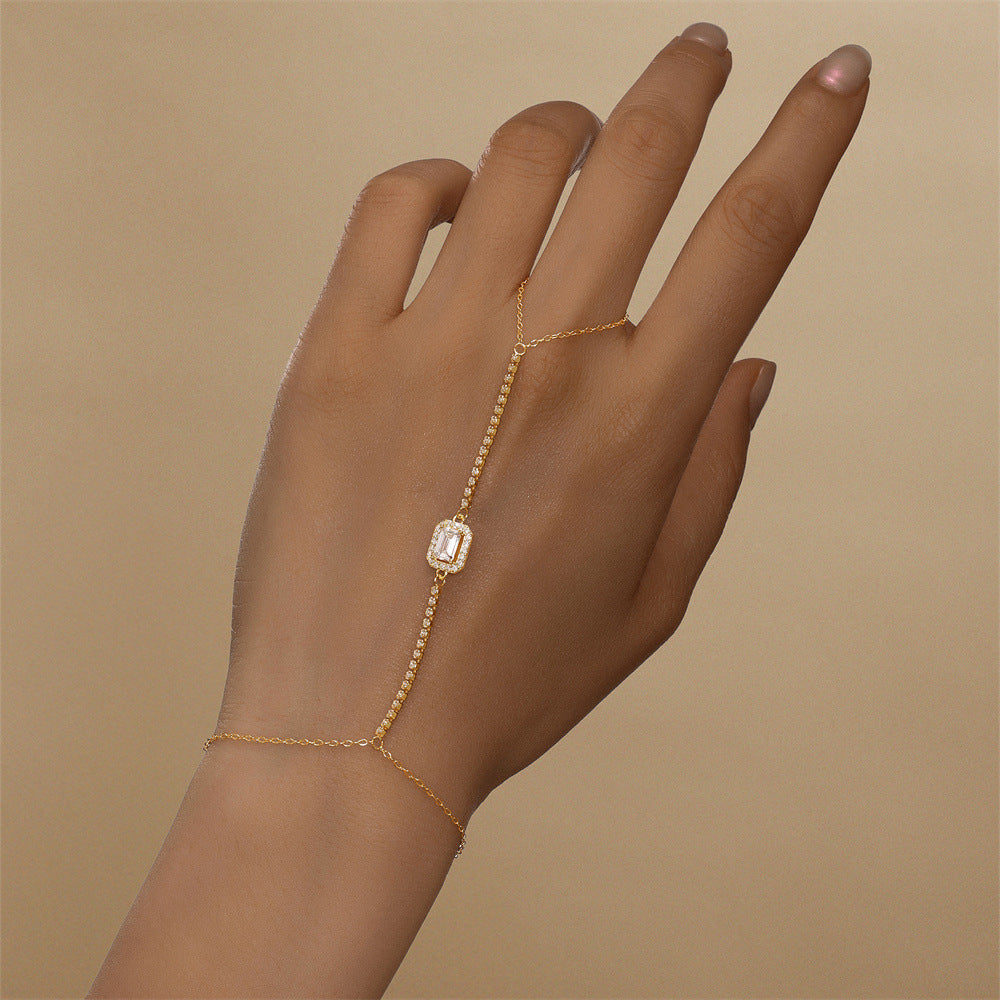 Sterling Silver Rectangle Zirconia Hand Chain Bracelet