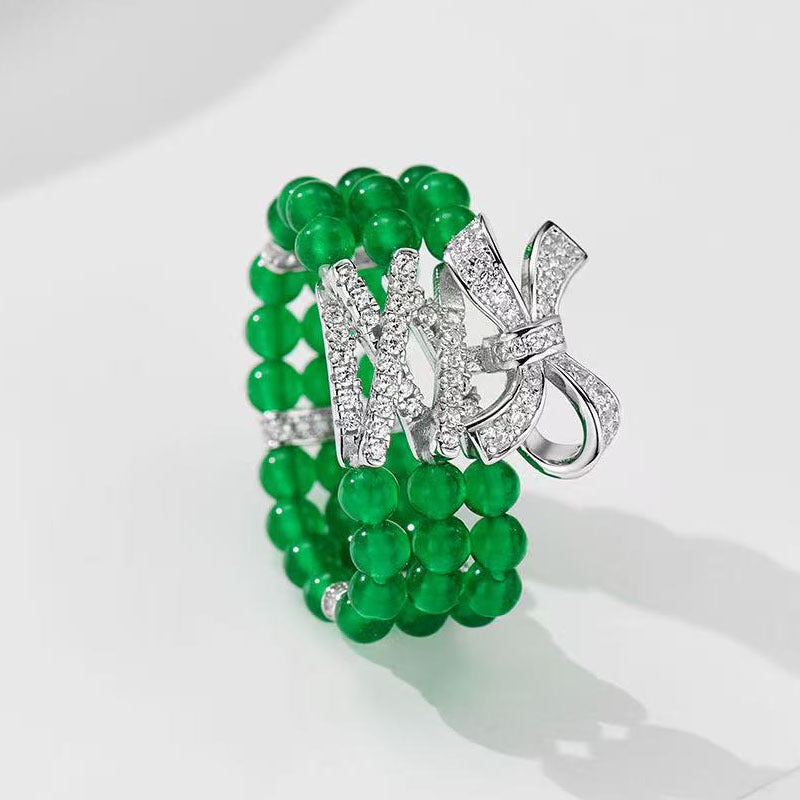 Sterling Silver Ballet Ribbon Chrysoprase Beaded Ring
