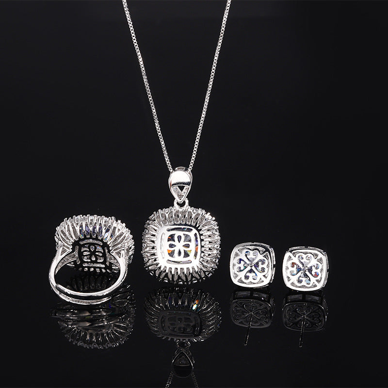 The back of the blue sapphire zirconia jewelry set, design in openwork setting.  Brass with silver plating.