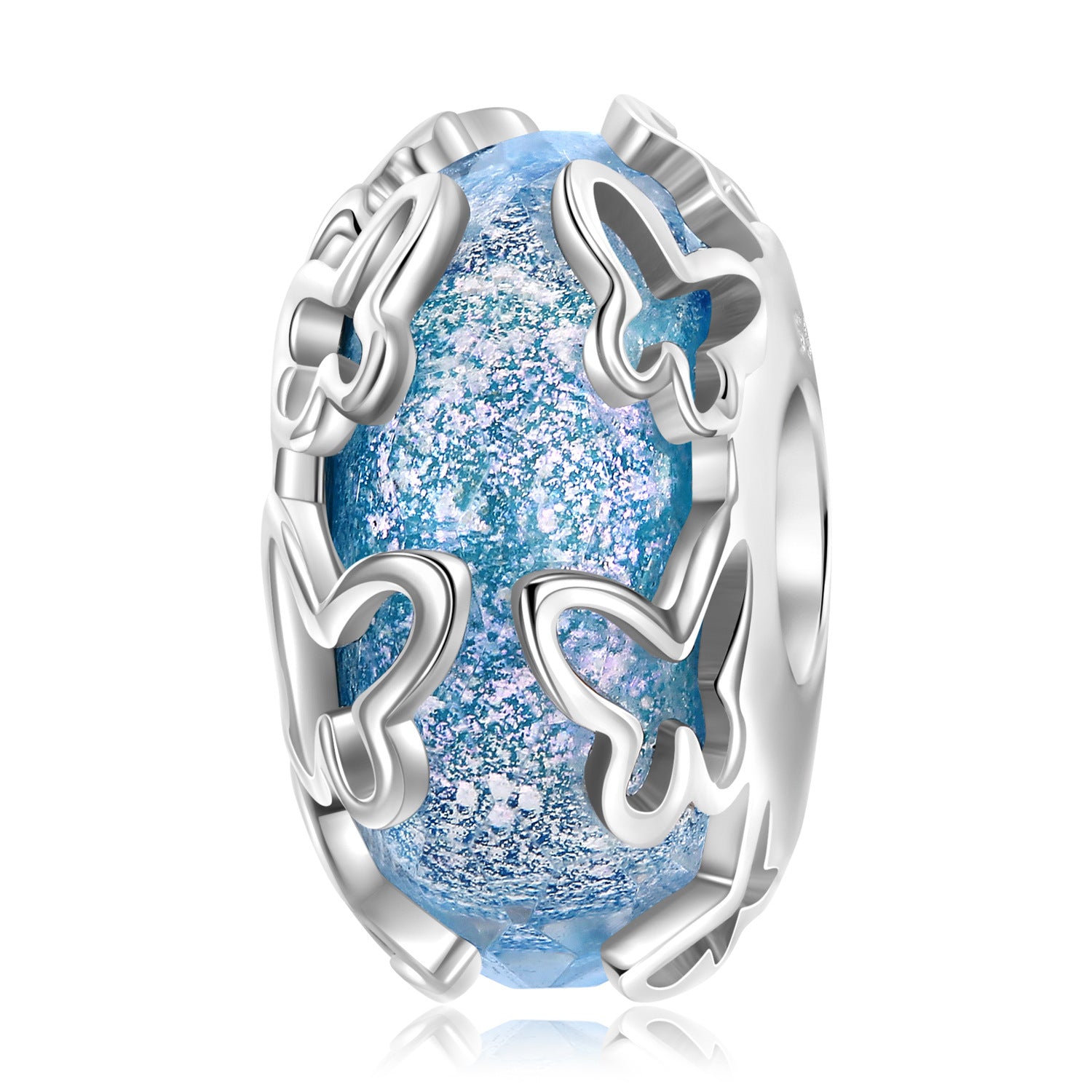A sterling silver sparkling glazed charm, design in butterfly and blue river