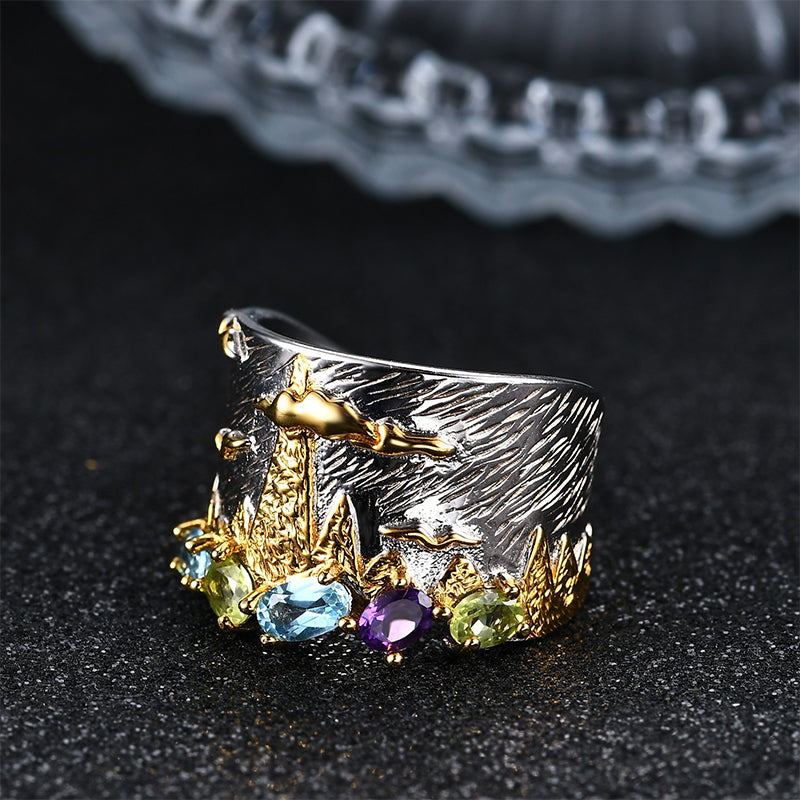 Sterling Silver Colorful Natural Topaz Wide Band Ring