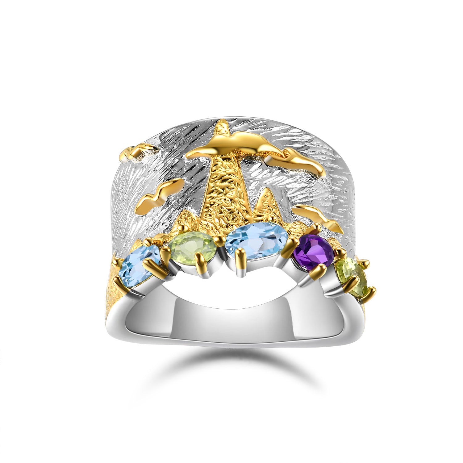 Sterling Silver Colorful Natural Topaz Wide Band Ring